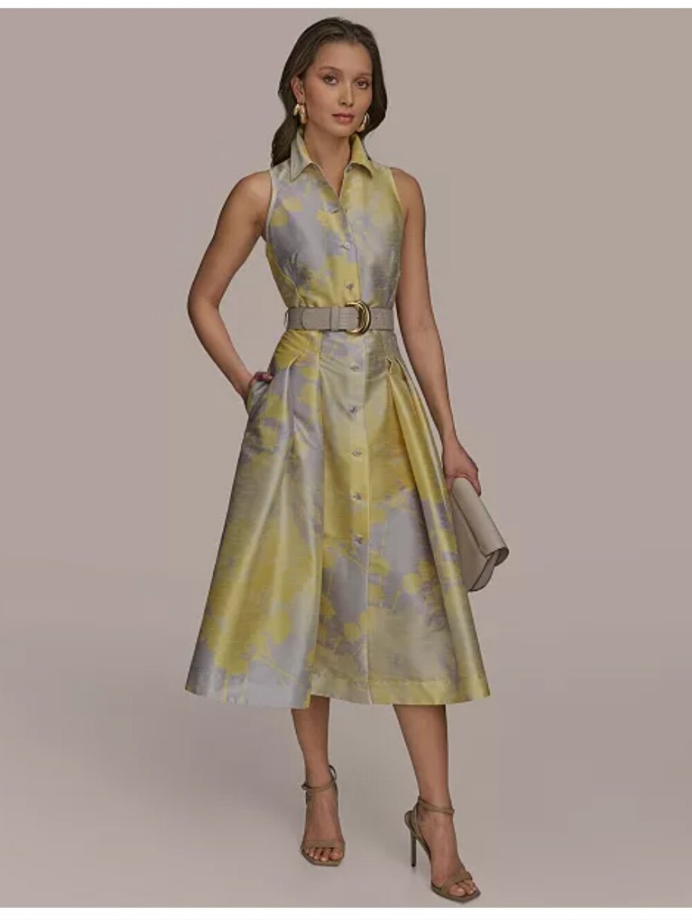 Donna Karan New York NWT Floral Sleeveless Belted Button Front Midi Dress Luxury